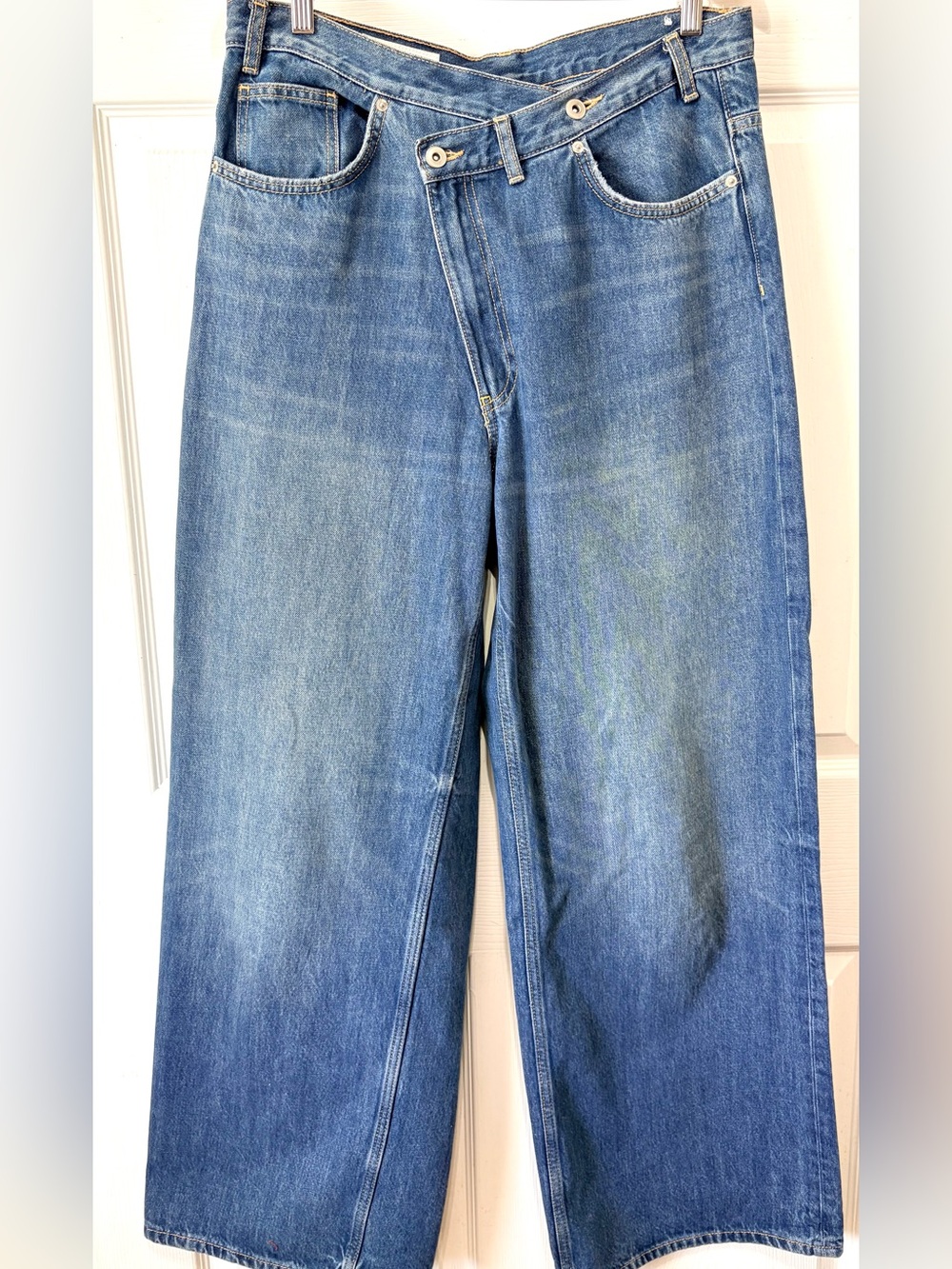 ZARA TRF High Rise Crossover Asymmetric Waistband Wide Leg Barrel Jeans Size 12